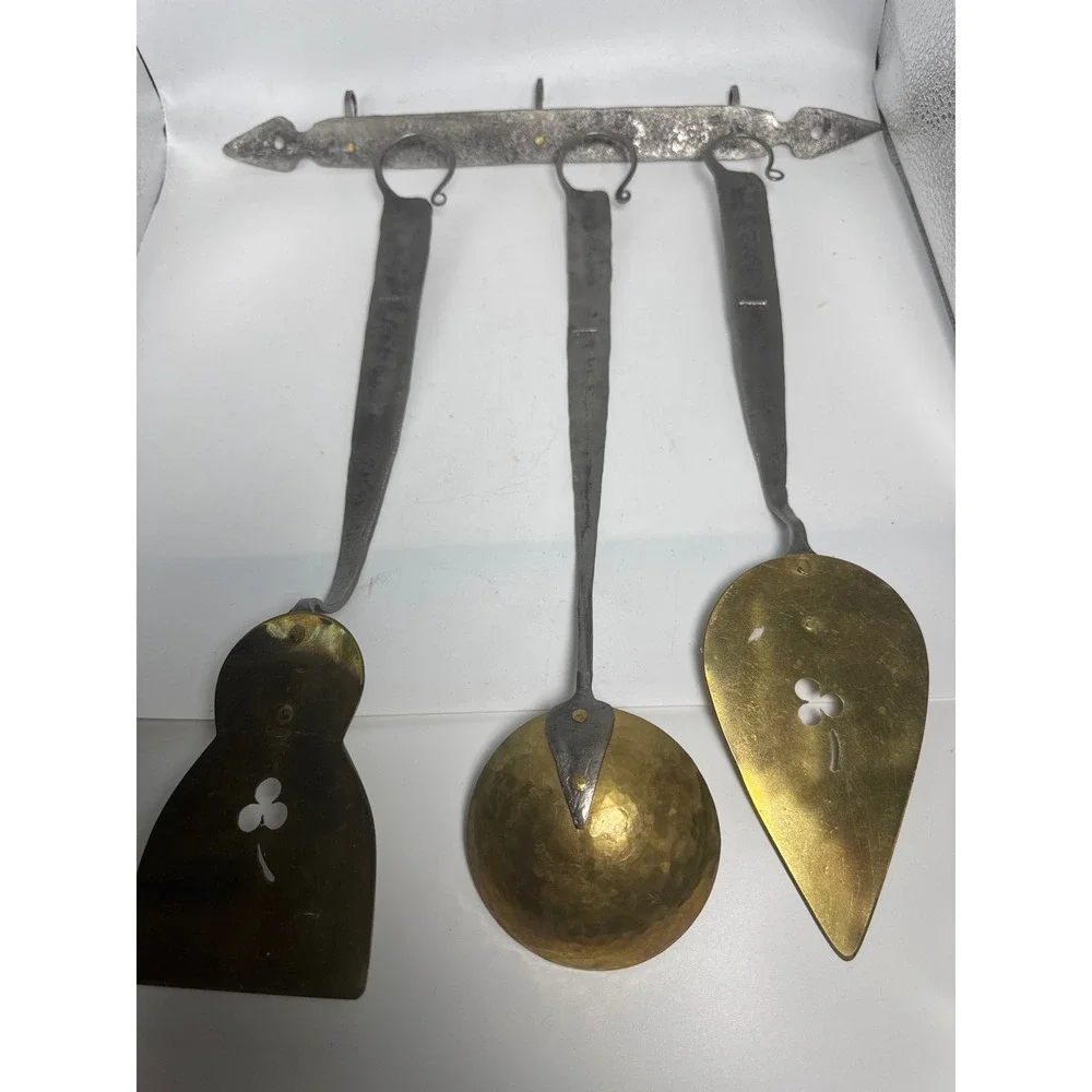Plummer Hand Forged Iron Brass Kitchen Utensil Set 4pc Ladle Spatula Server Rack
